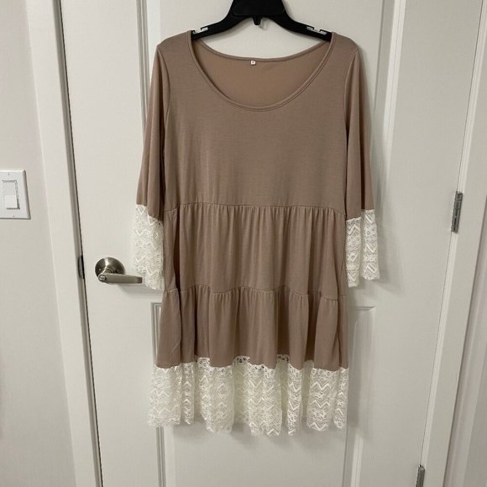 Lace Shirt Summer Dress. Tan/White. Medium